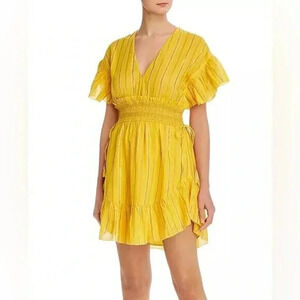 Saylor Adrianne Ruffle-Sleeve Mini Dress Size Small Yellow Stripes Smocked